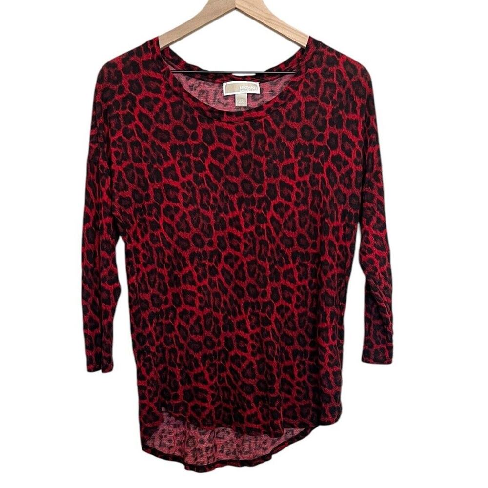 Michael Kors Cheetah Print Blouse Front Ruching Business Office Stretch Red